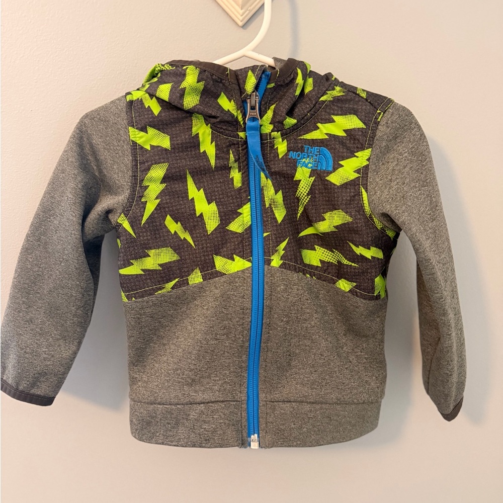 The North Face Gray Hoodie with Neon Green Lightning and Blue Zipper